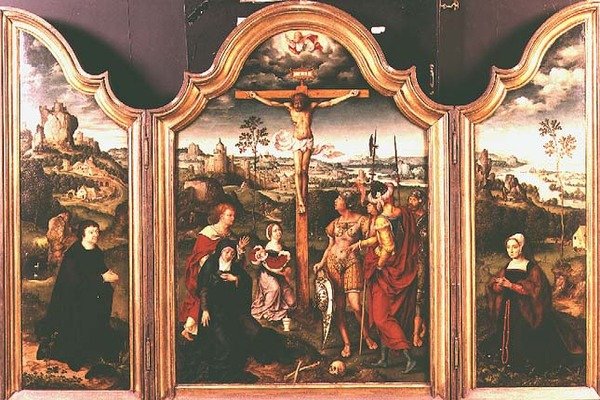 Triptych: डोनर्स (तेल) घुटने टेककर क्रूस पर चढ़ाई द्वारा जोस वैन क्लीव