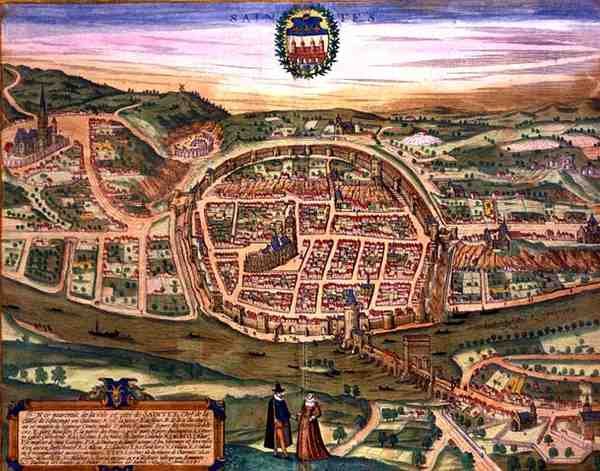जॉर्ज ब्रौन (1541-1622) और फ्रैंस होगेनबर्ग (1535-90) द्वारा 'दुनिया के शहरों' से संतों का नक्शा द्वारा जोरिस (बाद) होफनेगल
