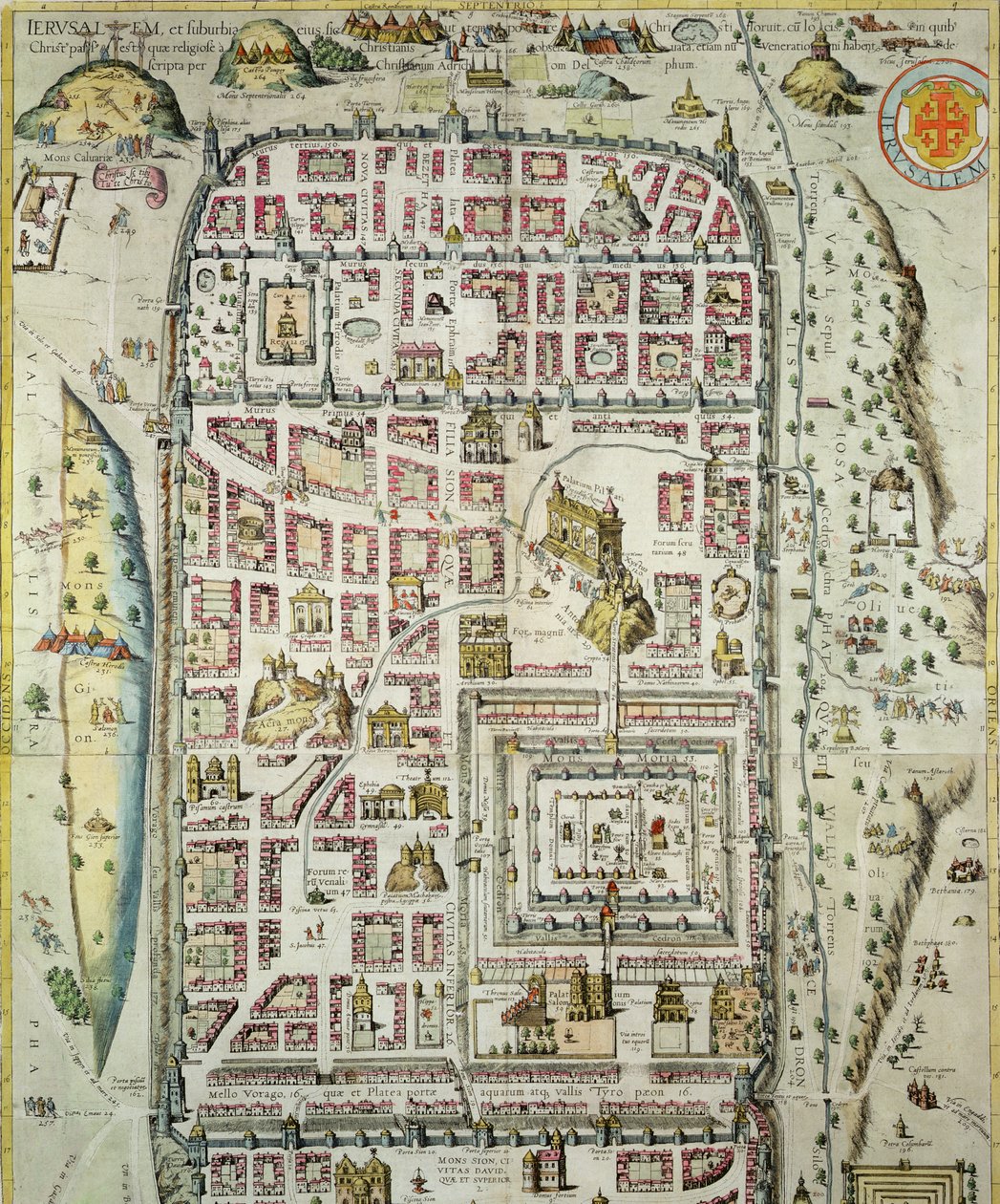 यरूशलेम और आसपास के क्षेत्र का नक्शा, जॉर्ज ब्रौन (1541-1622) और फ्रैंस होजेनबर्ग (1535-90) c.1572-1617 (138906 देखें) द्वारा &39;Civitates Orbis Terrarum&39; द्वारा जोरिस हॉफनागल