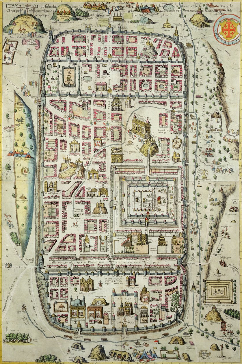 जेरूसलम और आसपास के क्षेत्र का नक्शा, जॉर्ज ब्रौन (1541-1622) और फ्रैंस होजनबर्ग (1535-90) c.1572-1617 (138905-96 देखें) द्वारा &39;Civitates Orbis Terrarum&39; द्वारा जोरिस हॉफनागल