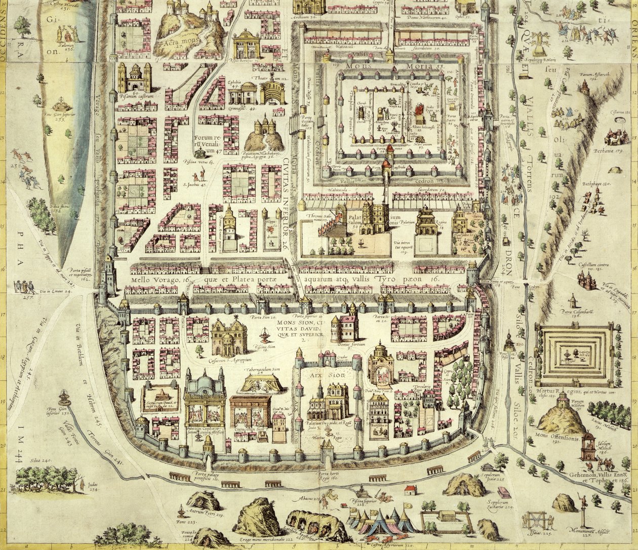 जेरूसलम और आसपास के क्षेत्र का नक्शा, जॉर्ज ब्रूम (1541-1622) और फ्रैंस होजनबर्ग (1535-90) c.1572-1617 (138905 देखें) द्वारा &39;Civitates Orbis Terrarum&39; से द्वारा जोरिस हॉफनागल