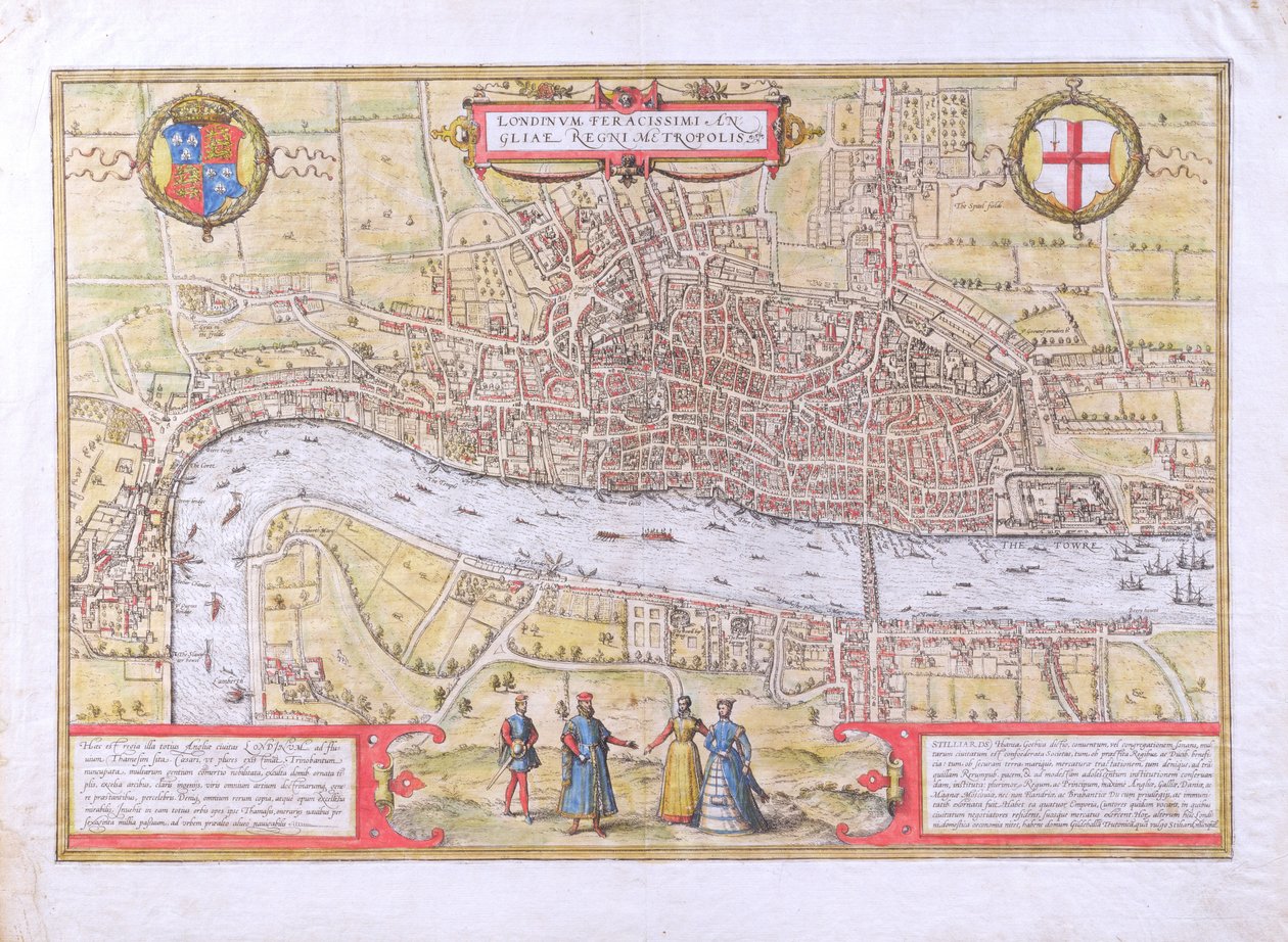 जॉर्ज ब्रौन (1542-1622) और फ्रैंस होजेनबर्ग (1635-90) द्वारा Civitates Orbis Terrarum से लंदन का मानचित्र, c.1572 (51896 और 58543 देखें) द्वारा जोरिस हॉफनागल