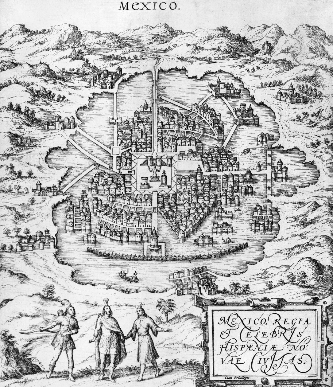 मेक्सिको का मानचित्र, जॉर्ज ब्रौन (1541-1622) और फ्रैंस होजेनबर्ग (1535-90) c.1572 द्वारा &39;Civitates Orbis Terrarum&39; से चित्रण द्वारा जोरिस हॉफनागल