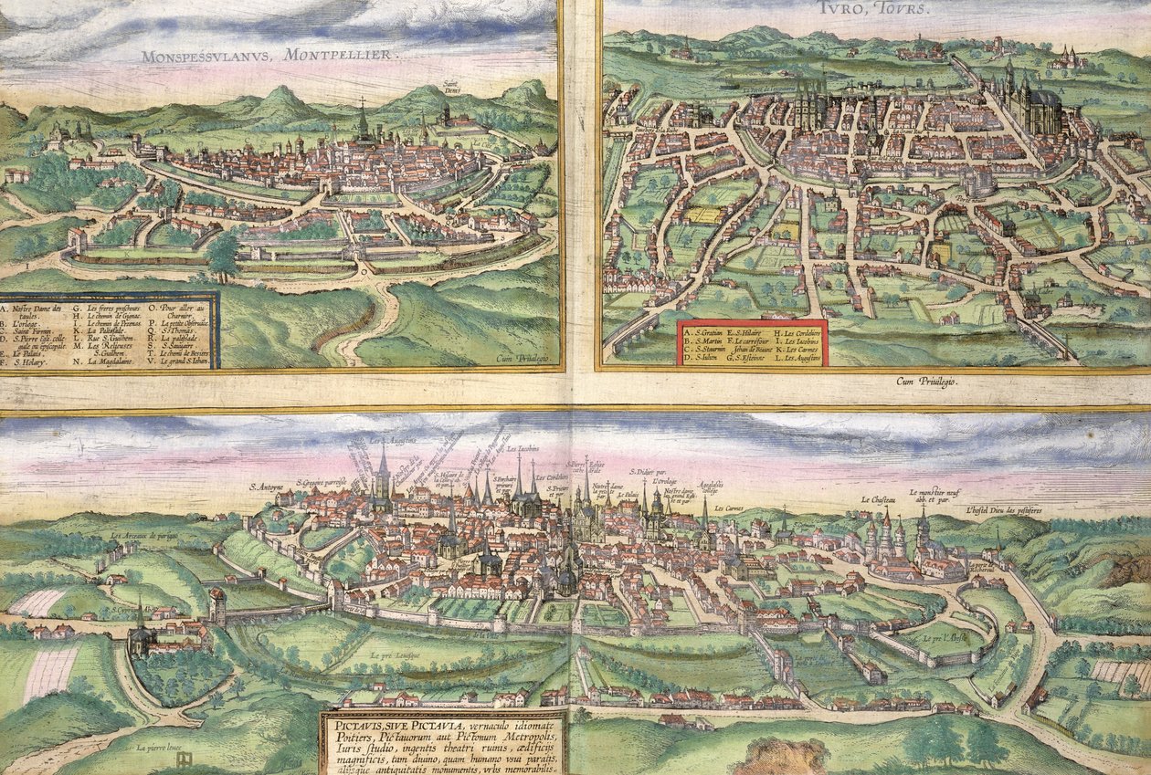 जॉर्ज ब्रौन (1541-1622) और फ्रैंस होजेनबर्ग (1535-90),&39;.1572 &39;द्वारा मॉन्टपेलियर, टूर्स, और पोइटियर्स का मानचित्र द्वारा जोरिस हॉफनागल