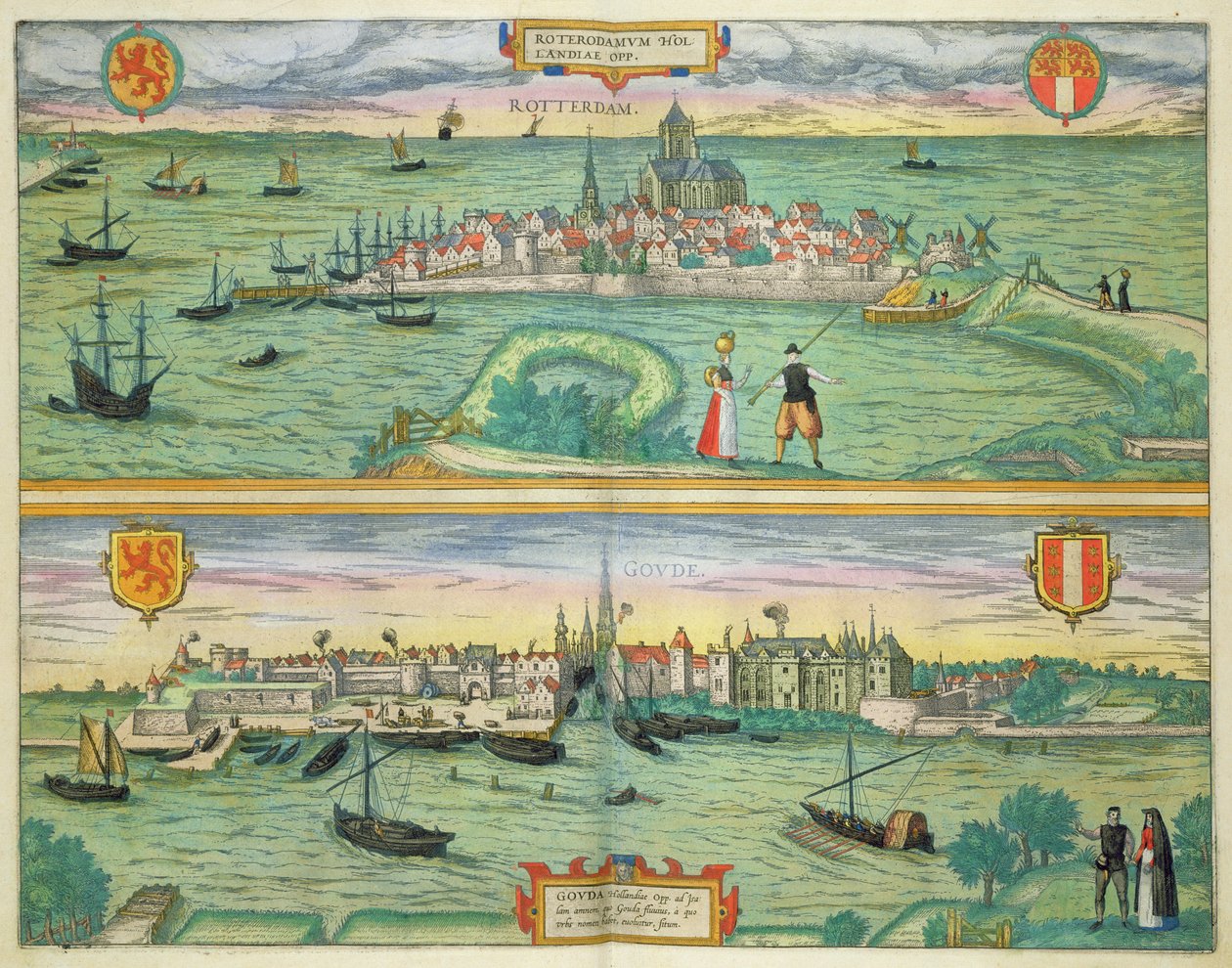 रॉटरडैम और गौडा का मानचित्र, जॉर्ज ब्रॉन (1541-1622) और फ्रैंस होजनबर्ग (1535-90) c.1572-1617 द्वारा &39;Civitates Orbis Terrarum&39; द्वारा जोरिस हॉफनागल