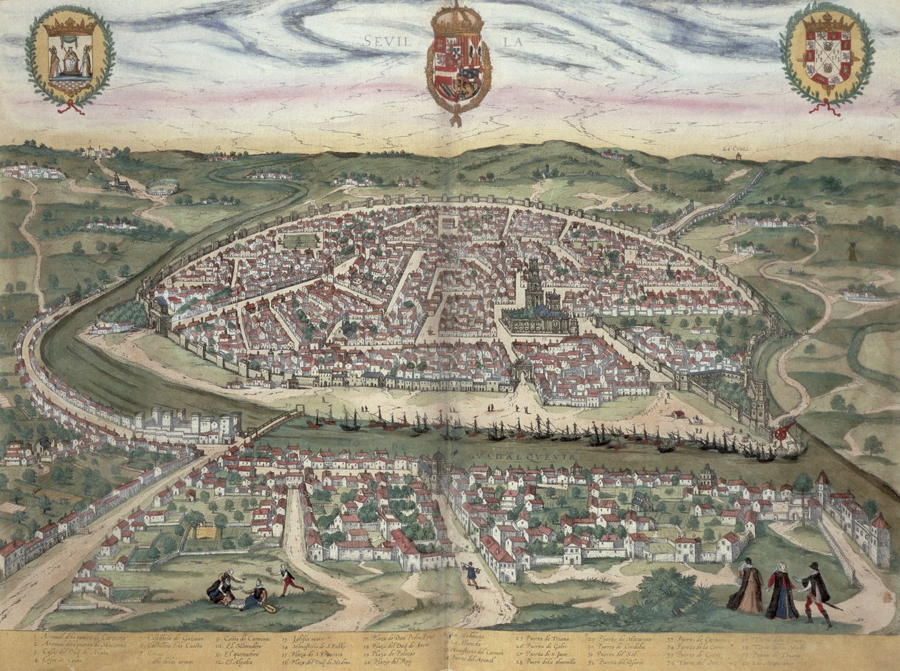 जॉर्ज ब्रौन (1541-1622) और फ्रैंस होजेनबर्ग (1535-90) c.1572-1617 द्वारा &39;सेविट्स ऑरबिस टेरारम&39; से सेविले का मानचित्र द्वारा जोरिस हॉफनागल