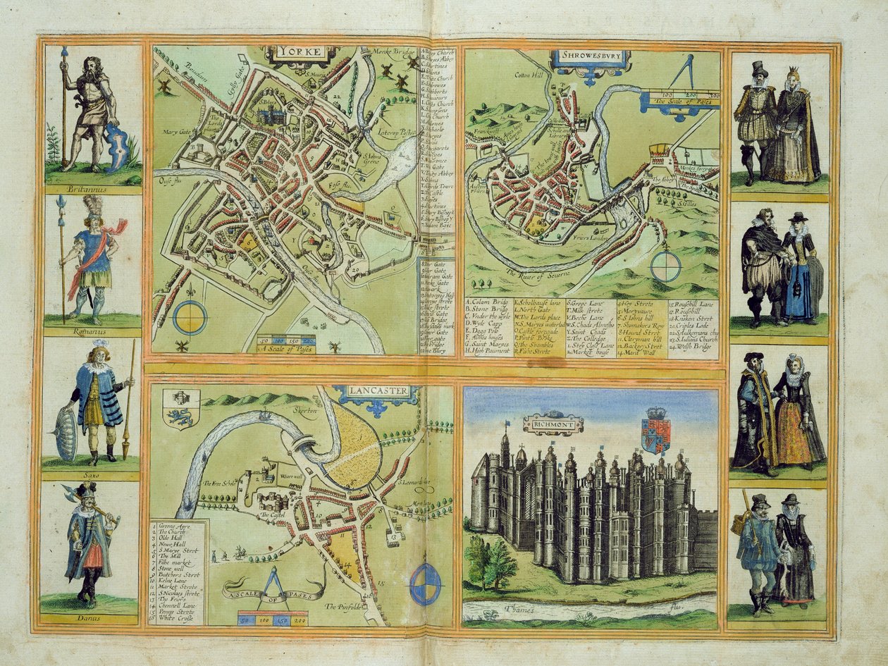 जॉर्ज ब्रौन (1541-1622) और फ्रैंस होजनबर्ग (1535-90) c.1572-1617 द्वारा यॉर्क, क्रूज़बरी, और रिचमंड के नक्शे, &39;Civitates Orbis Terrarum&39; से द्वारा जोरिस हॉफनागल