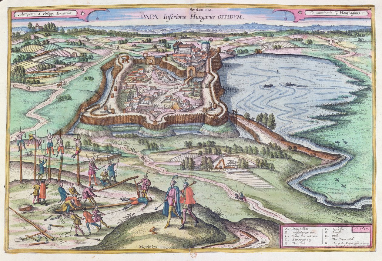 ओटोमन की घेराबंदी के समय का पापा का किला, जॉर्ज ब्रौन (1541-1622) द्वारा &39;ले थिएटर डु मोंडे&39; से कोलोन 1572-1618, 1617 में प्रकाशित द्वारा जोरिस हॉफनागल