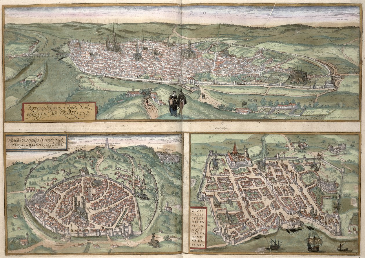 जार्ज ब्रौन (1541-1622) और फ्रैंस होजेनबर्ग (1535-90),&39;.1572 &39;से&39; सेविनेट्स ऑर्बिस टेरारम &39;के रूयन, निम्स और बोर्डो के टाउन प्लान द्वारा जोरिस हॉफनागल