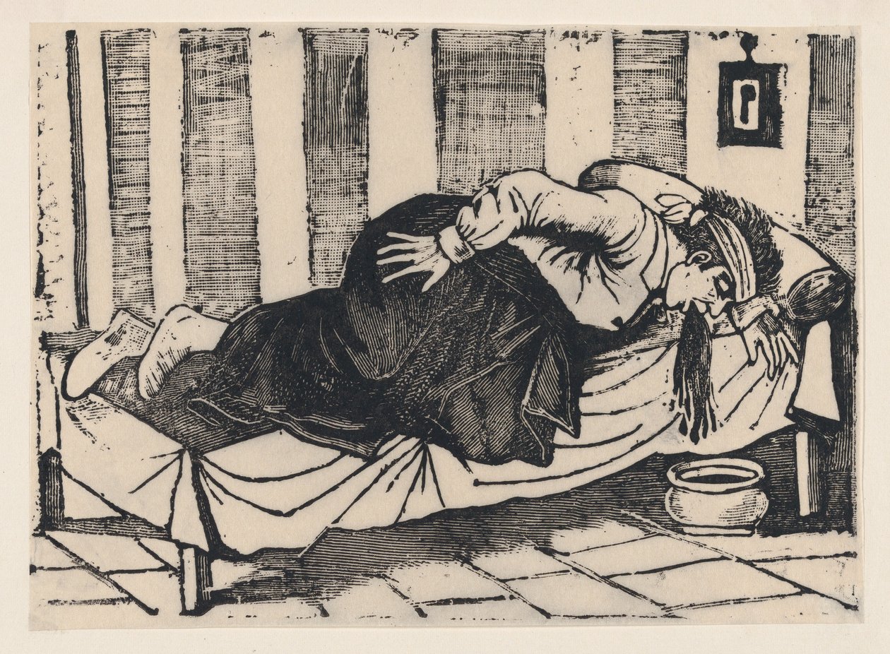 एक आदमी बिस्तर के किनारे झुक कर उल्टी कर रहा है, 'डेथ ऑफ ऑरेलियो..., 1892' शीर्षक वाले चौड़े हिस्से से। द्वारा जोस गुआडालुपे पोसाडा
