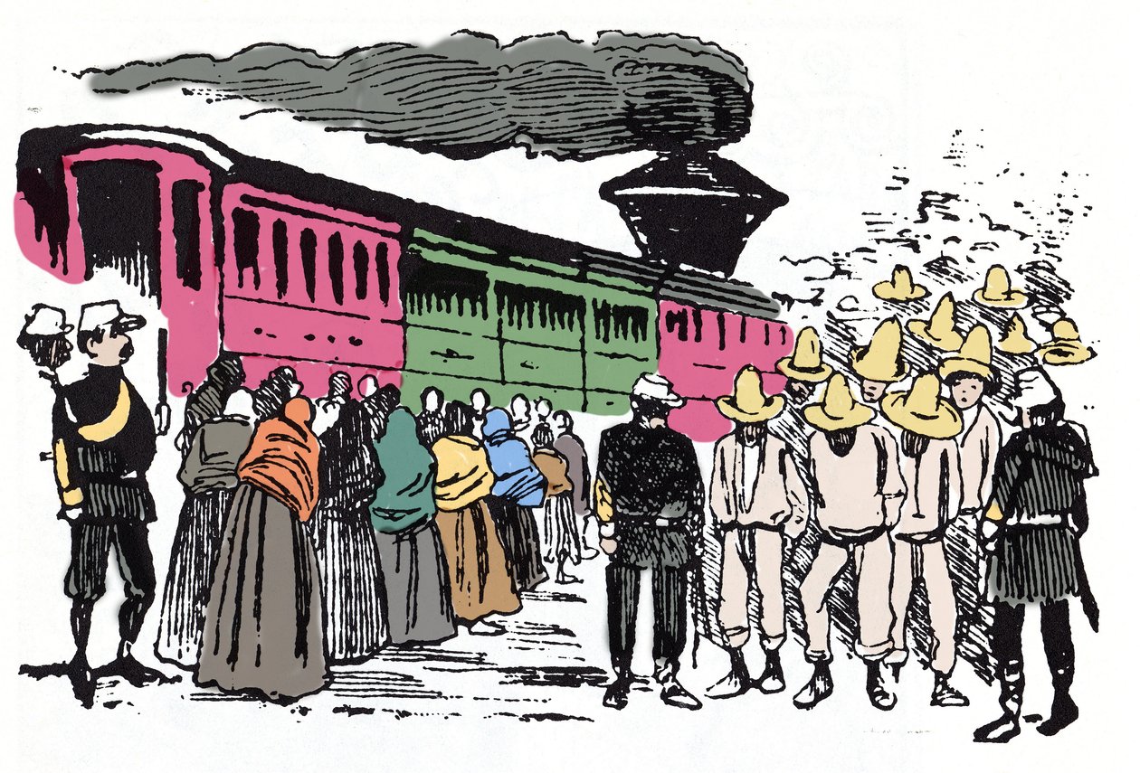 मैक्सिकन क्रांति (1910-1920): वैले नैशनल में श्रमिकों का निर्वासन, लगभग 1908 - जोस ग्वाडालूप पोसाडा द्वारा जाइलोग्राफी (1852-1913) द्वारा जोस गुआडालुपे पोसाडा