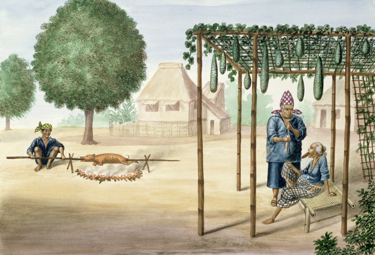 मनीला के पास विलेज सीन, "द फ्लेब्स एल्बम ऑफ व्यू इन एंड अराउंड मनीला" से, c.1845 द्वारा जोस होनराटो लोज़ानो