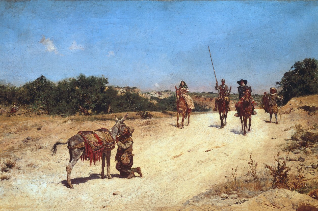 सांचो पांजा और उनके गधे रुसियो की बैठक, डॉन क्विक्सोट का चित्रण, c.1878 (कैनवास पर तेल) द्वारा जोस मोरेनो कार्बेरो
