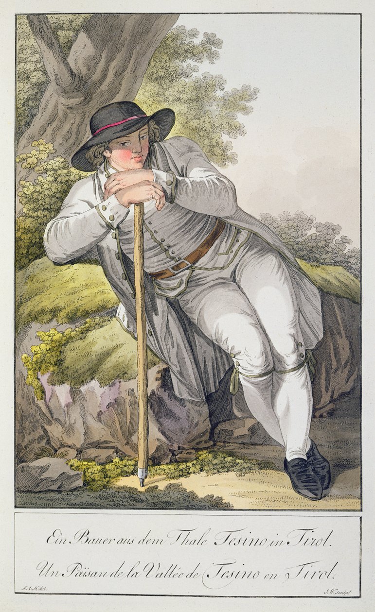 टाइरोलो की टिसिनो घाटी का एक किसान, 24 रंगीन प्लेटों के संग्रह से, c.1800 प्रकाशित हुआ द्वारा जोसेफ एंटन कपेलर