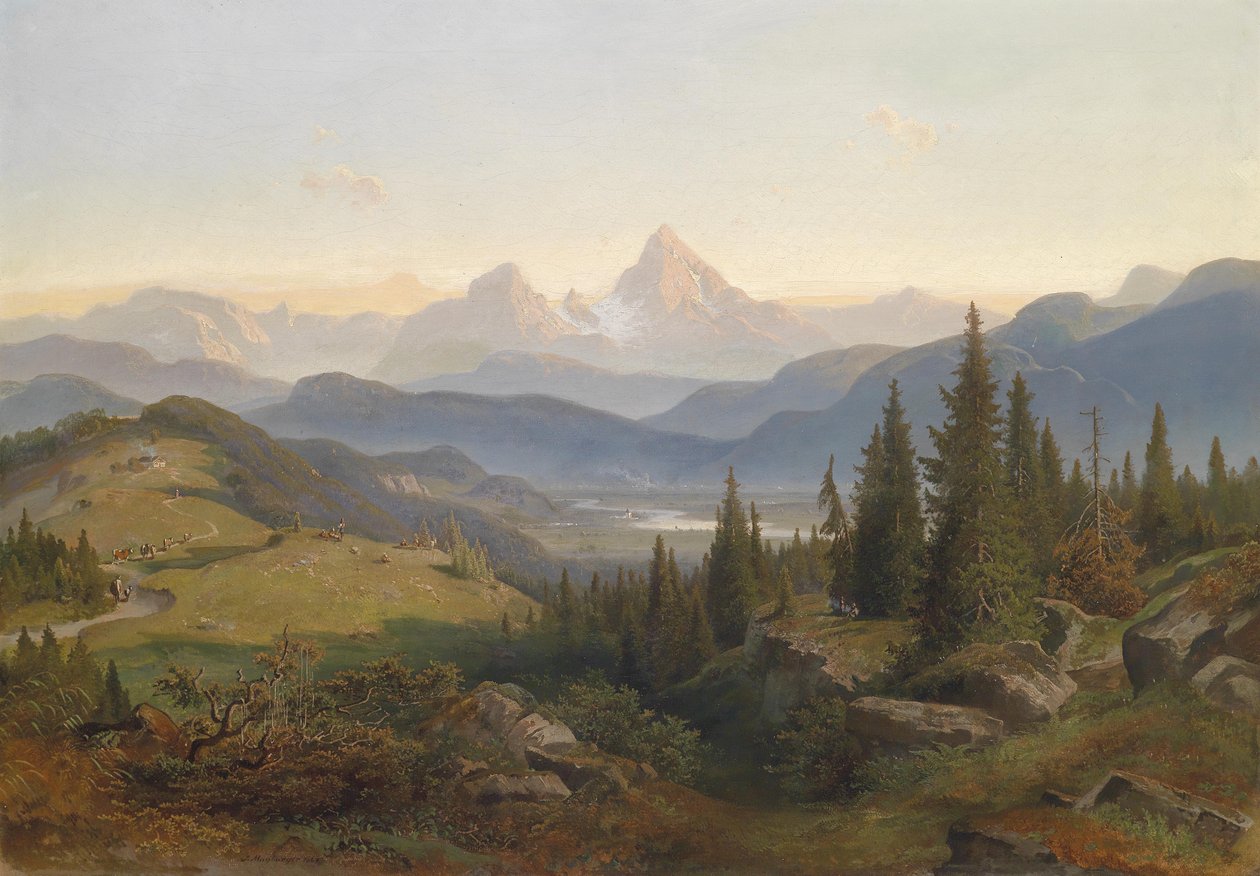 पर्वत श्रृंखला के साथ लैंडस्केप, पृष्ठभूमि में Watzmann द्वारा जोसेफ मेबगर