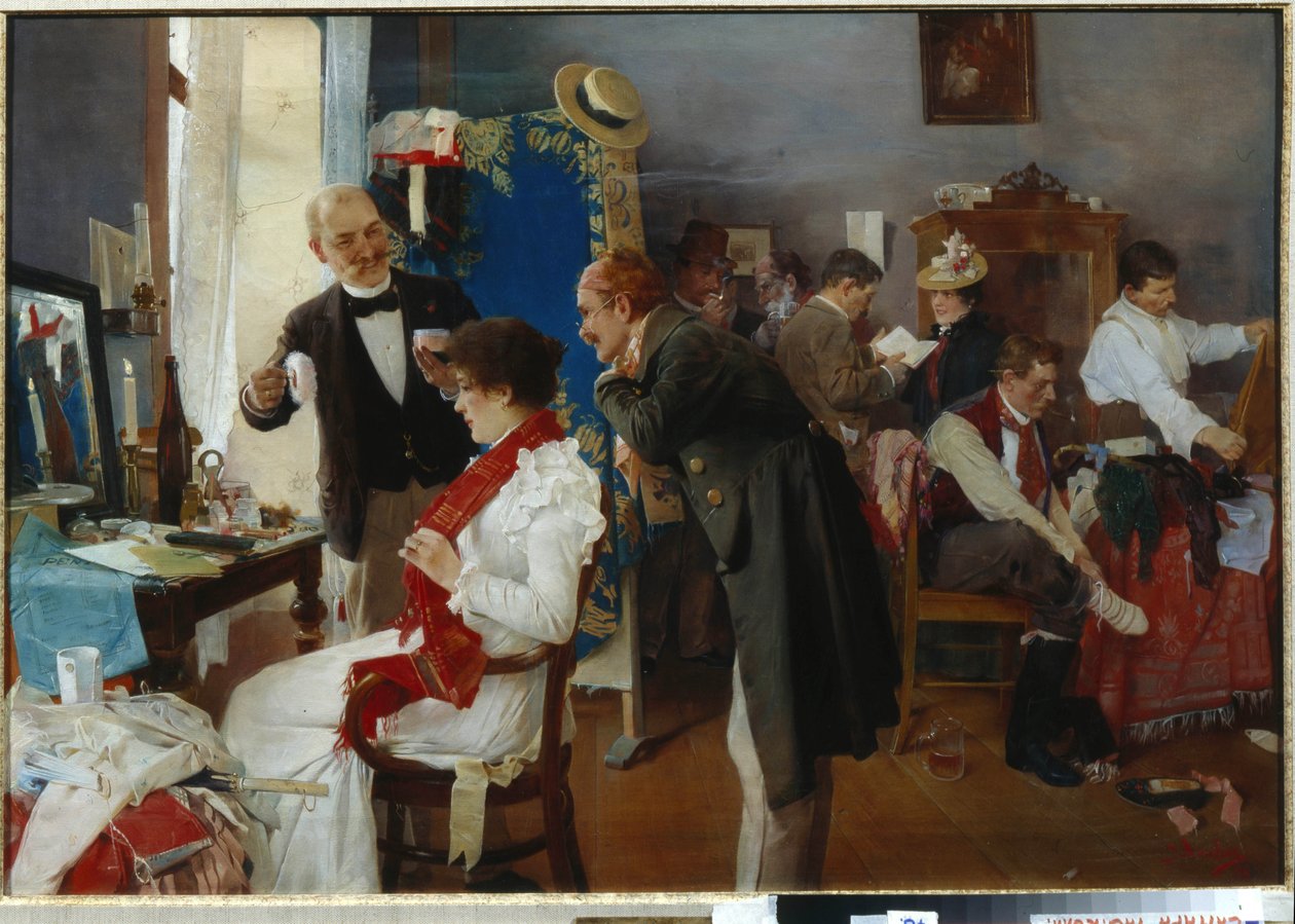 ""डांस ला लोगे"" (ड्रेसिंग रूम में) कलाकार जोसफ डौबा द्वारा पेंटिंग शो से पहले तैयार हो रहे हैं (1866-1928) 19 वीं सदी के अंत में कैनवास पर तेल - निजी संग्रह द्वारा जोसेफ डोभा