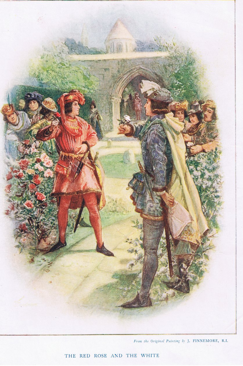 लाल गुलाब और सफेद, अंग्रेजी इतिहास से बच्चों की कहानियां, c.1920 से चित्रण द्वारा जोसेफ फिनमोर