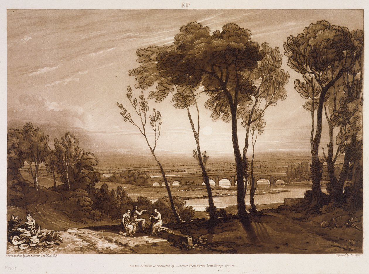 F.13.I &39;लिबर्ट स्टडियोरम&39; से मध्य दूरी में ब्रिज, चार्ल्स टर्नर, 1808 (etv) द्वारा उकेरा द्वारा जोसेफ मैलॉर्ड विलियम टर्नर
