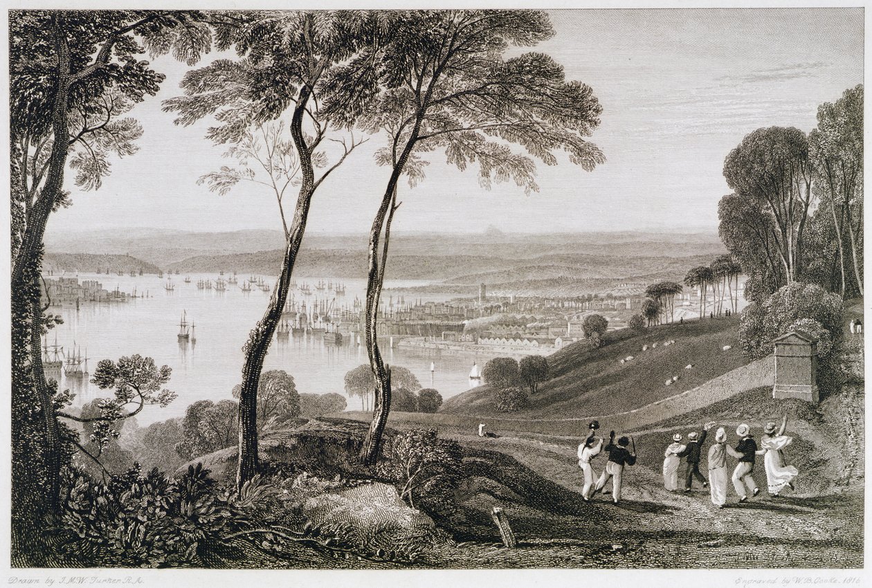 विलियम एडार्ड कुक (1778-1855) 1814-26 द्वारा उत्कीर्ण &39;कुक ऑफ सुरेशियस व्यू ऑफ इंग्लैंड के दक्षिणी तट&39; से माउंट एडगोमेबे से प्लायमाउथ डॉक द्वारा जोसेफ मैलॉर्ड विलियम टर्नर