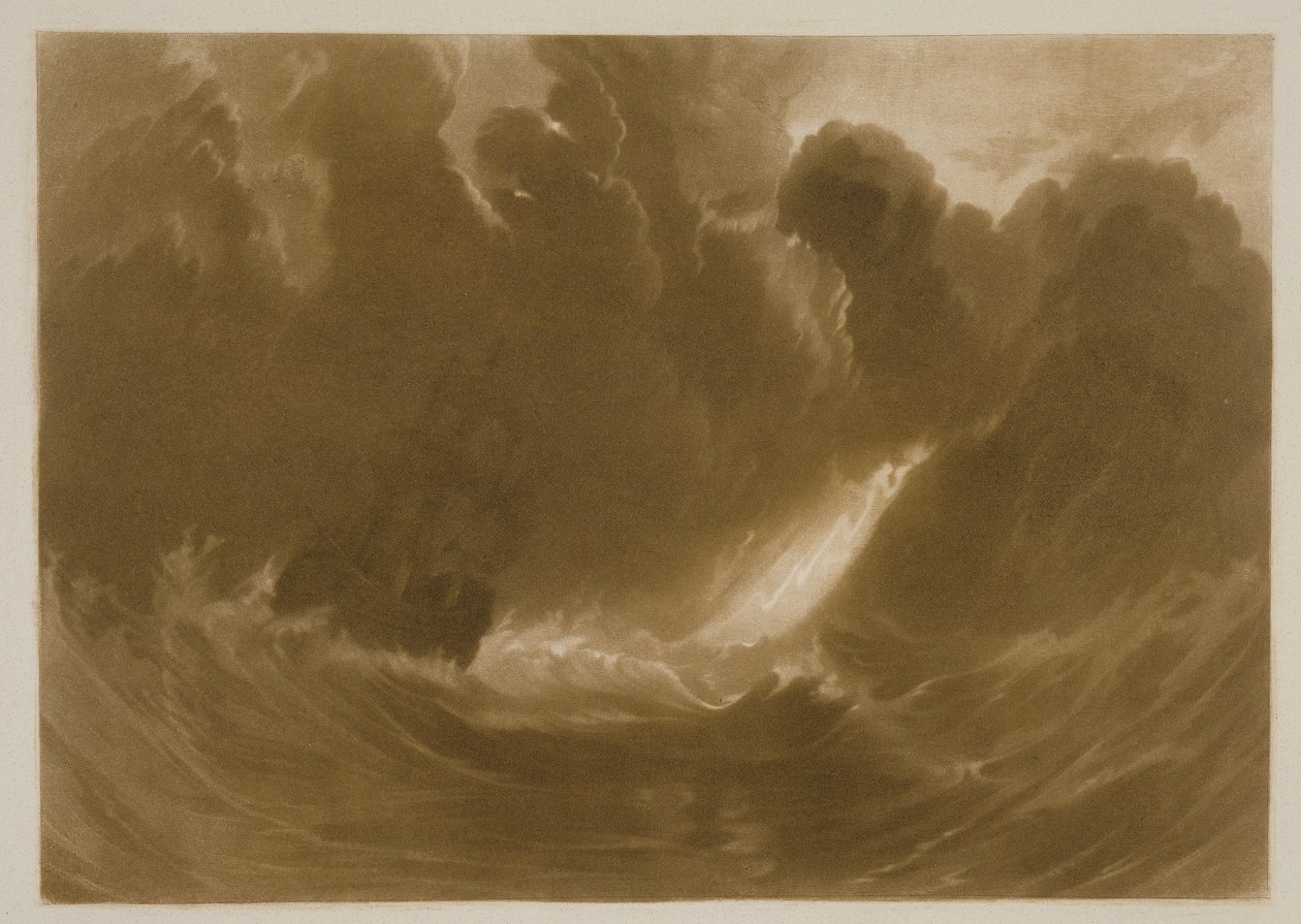 &39;लिटिल लिबर&39; से एक तूफान में R.803 जहाज, कलाकार द्वारा उकेरा गया, c.1826 (mezzotint) द्वारा जोसेफ मैलॉर्ड विलियम टर्नर