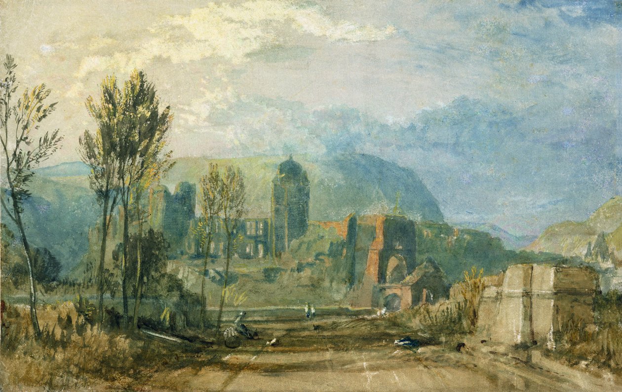 भ्रमण, सूर्यास्त: पीछे की ओर देखना, c.1826-30 (कागज पर ग्रेफाइट के साथ पेन और स्याही के साथ gouache और wc) द्वारा जोसेफ मैलॉर्ड विलियम टर्नर