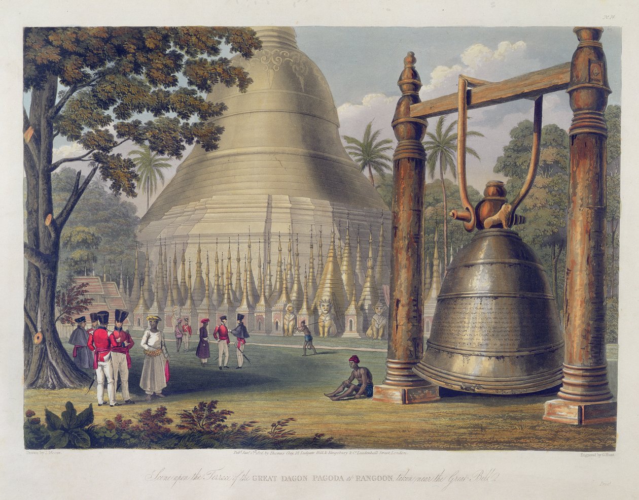 जॉर्ज हंट, 1826 (एक्वाटिंट) द्वारा उकेरी गई &39;रंगून व्यू&39; से प्लेट 14 के पास महान डाग पगोडा की छत पर, ग्रेट बेल के पास लिया गया द्वारा जोसेफ मूर