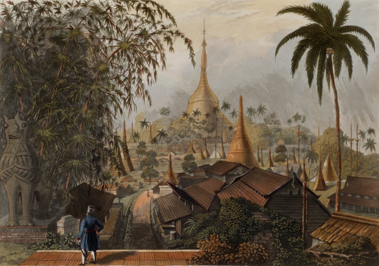 ग्रेट डागन पगोडा और आस-पास के दृश्यों का रंगून से पूर्वी रोड पर लिया गया दृश्य, &39;रंगून व्यू&39; से प्लेट 16, टी। फील्डिंग द्वारा उत्कीर्ण, 1825 (एक्वाटिंट) द्वारा जोसेफ मूर
