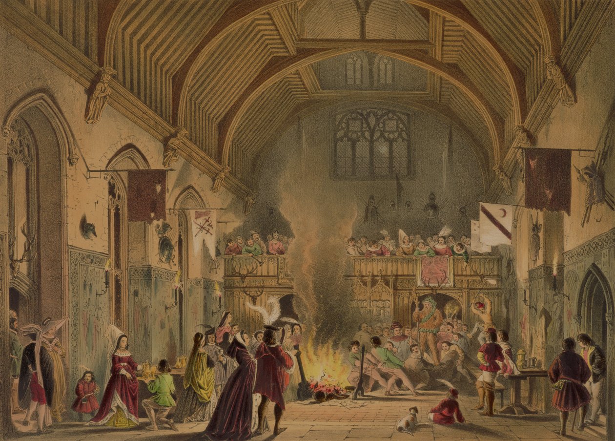 1838 में &39;आर्किटेक्चर फ्रॉम द मिडल एजेस&39; के बैरोनियल हॉल में बैंक्वेट, पेंशुरस्ट प्लेस, कैंट द्वारा जोसेफ नैश