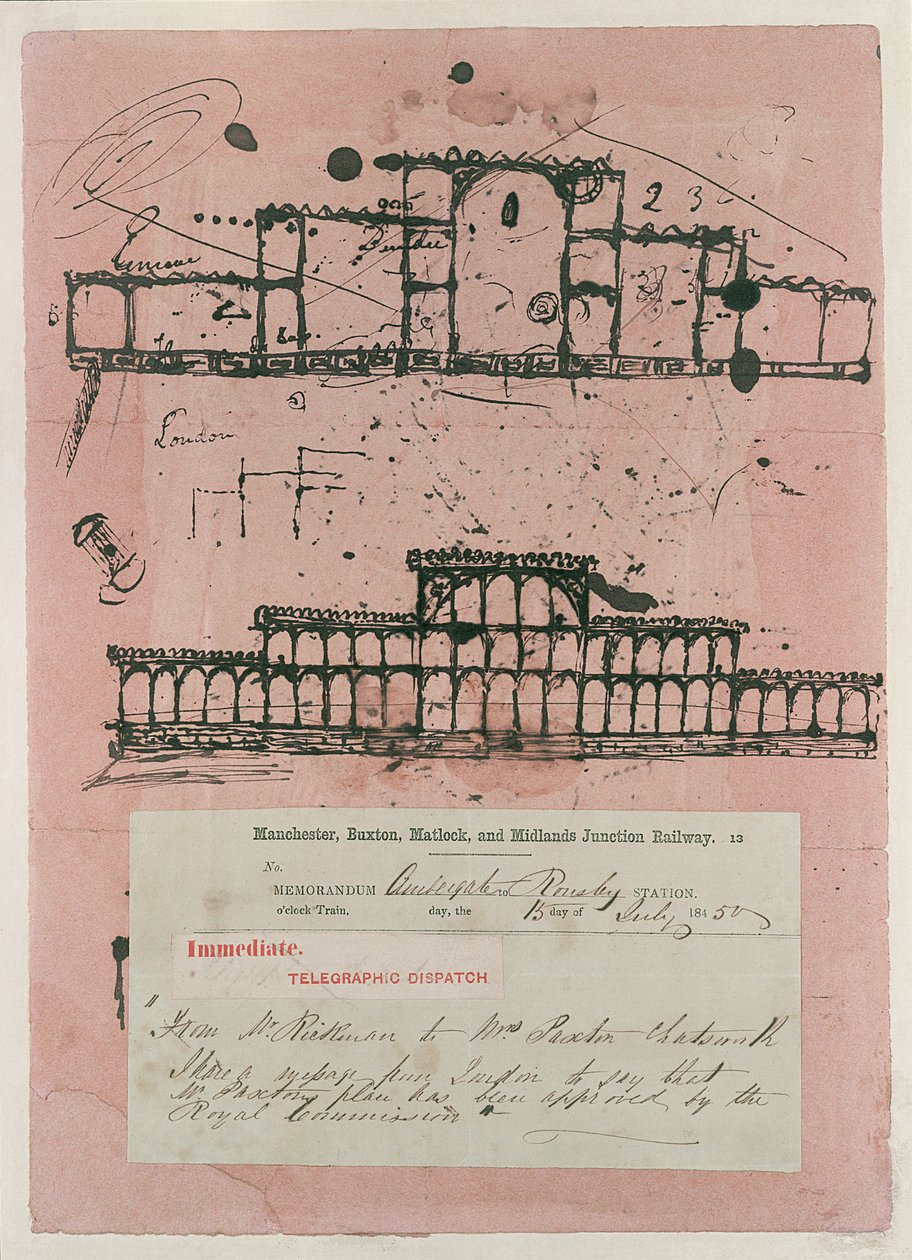 महान प्रदर्शनी, 1851: इमारत के लिए पहला स्केच, 1850 (ब्लॉटिंग पेपर पर स्याही) द्वारा जोसेफ पैक्सटन