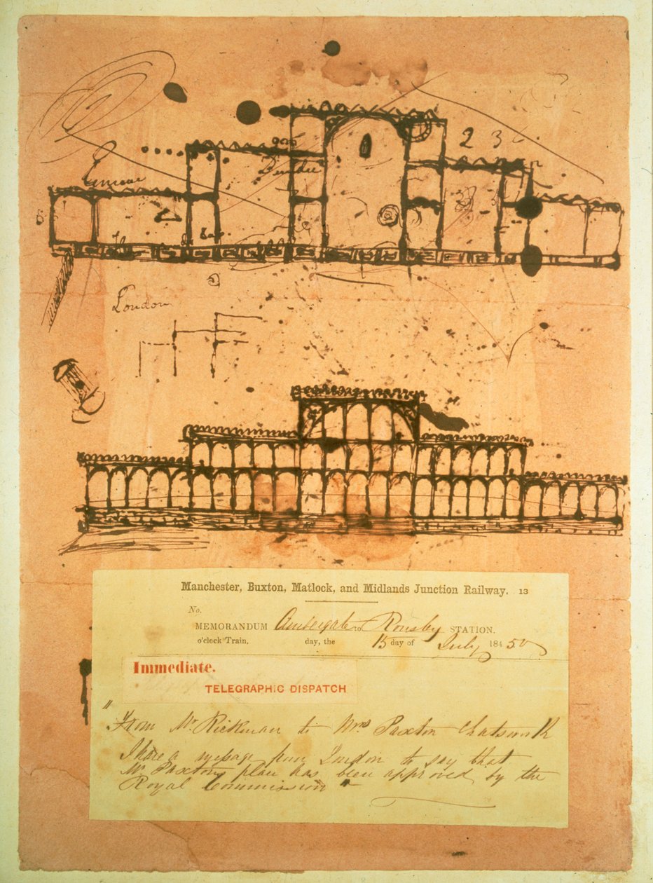क्रिस्टल पैलेस के लिए स्केच, 1851, 1850 की महान प्रदर्शनी के लिए बनाया गया था (कागज पर धब्बा द्वारा जोसेफ पैक्सटन