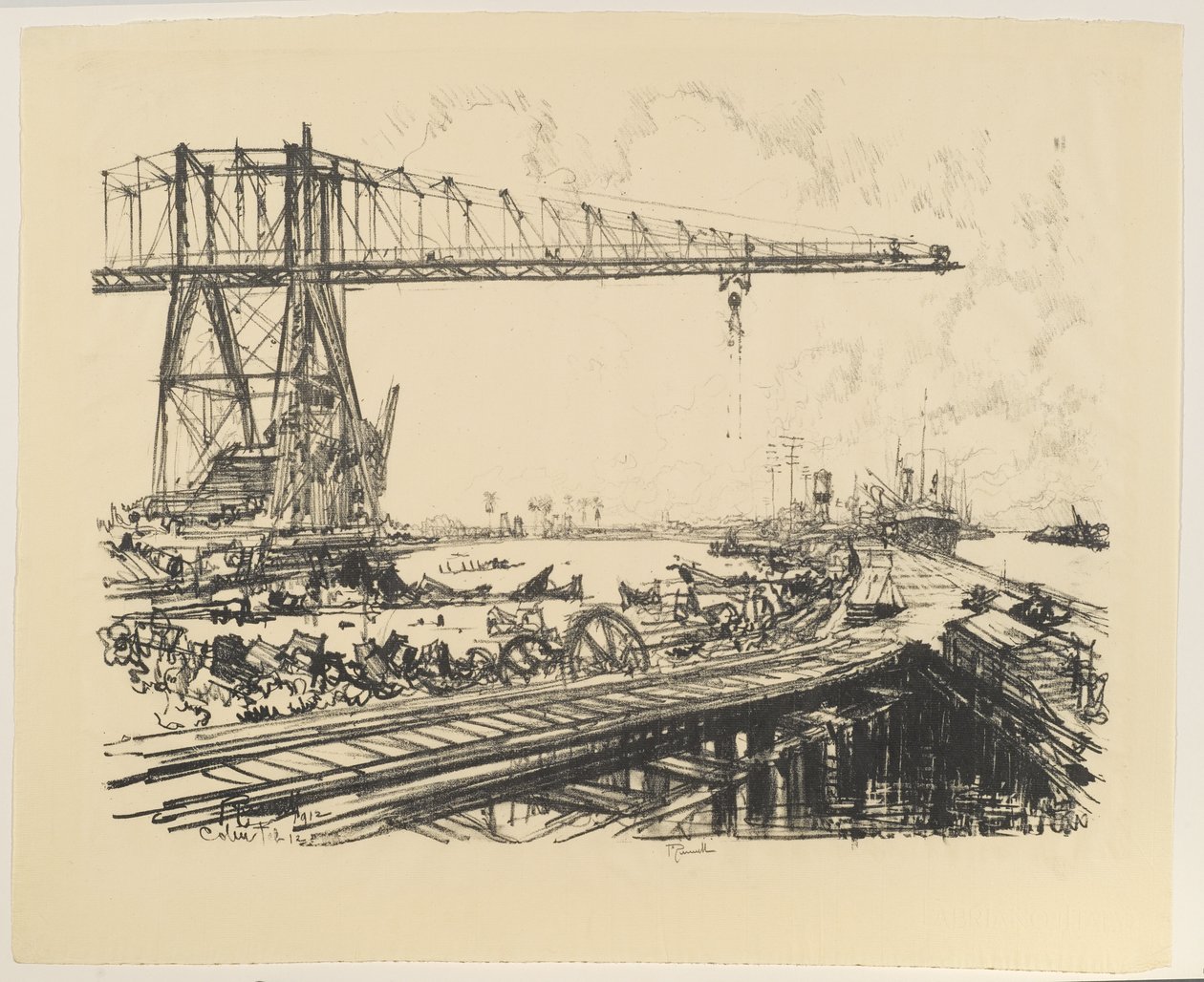 पनामा - फ्रांसीसी नहर और अमेरिकी क्रेन, 1912 (कागज पर लिथो) द्वारा जोसेफ पेनेल