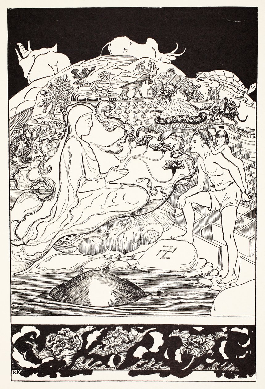 पाऊ अम्मा द क्रैब भाग रहा है जबकि सबसे बड़े जादूगर मैन और उनकी छोटी लड़की बेटी से बात कर रहे थे, रुडयार्ड किपलिंग, पब द्वारा &39;जस्ट सो स्टूडेंट्स फॉर लिटिल चिल्ड्रन&39; का चित्रण। लंदन, १ द्वारा जोसेफ रुडयार्ड किपलिंग