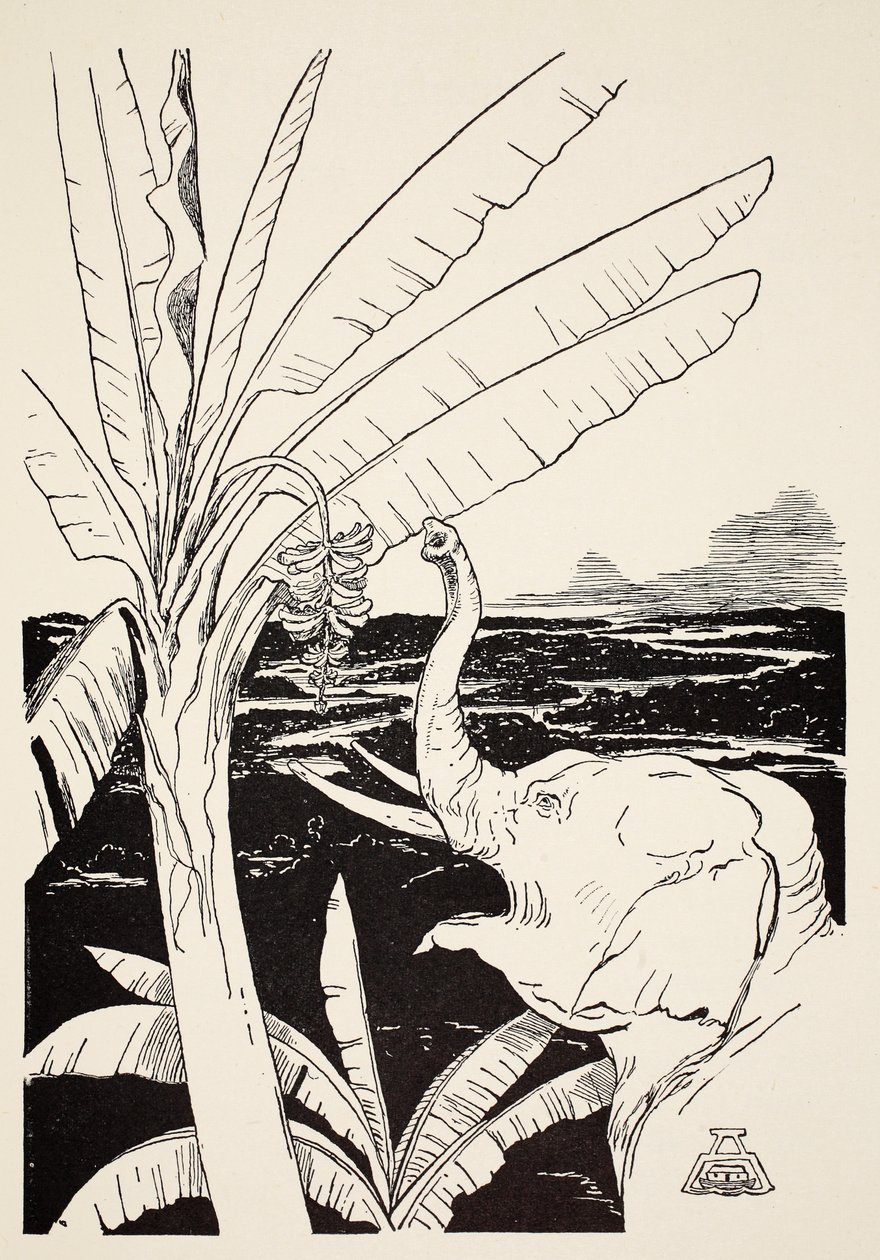 हाथी के बच्चे ने केले के पेड़ से केले निकालने के लिए जा रहे थे, जब वह अपने ठीक नए ट्रंक, रुडयार्ड किपलिंग, पब के &39;जस्ट सो स्टूडेंट्स फॉर लिटिल चिल्ड्रन&39; से चित्रण प्राप्त किया था। लंदन, 1951 द्वारा जोसेफ रुडयार्ड किपलिंग