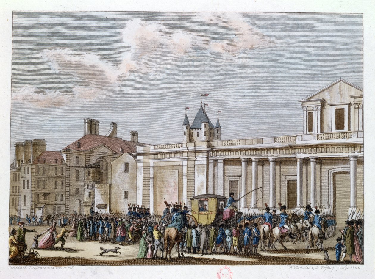 लुईस XVI (1754-93) और उनके परिवार को मंदिर में ले जाया गया, 13 अगस्त 1792 को, रेइनियर विंकेल्स (1741-1816) और डैनियल व्रीडाग (1765-1822) 1801 द्वारा उत्कीर्ण द्वारा जोसेफ स्वेबाक डेसफॉंट्स