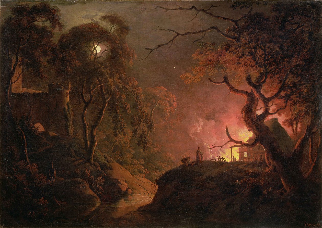 रात में आग पर एक कॉटेज, c.1785-93 द्वारा डर्बी के जोसेफ राइट