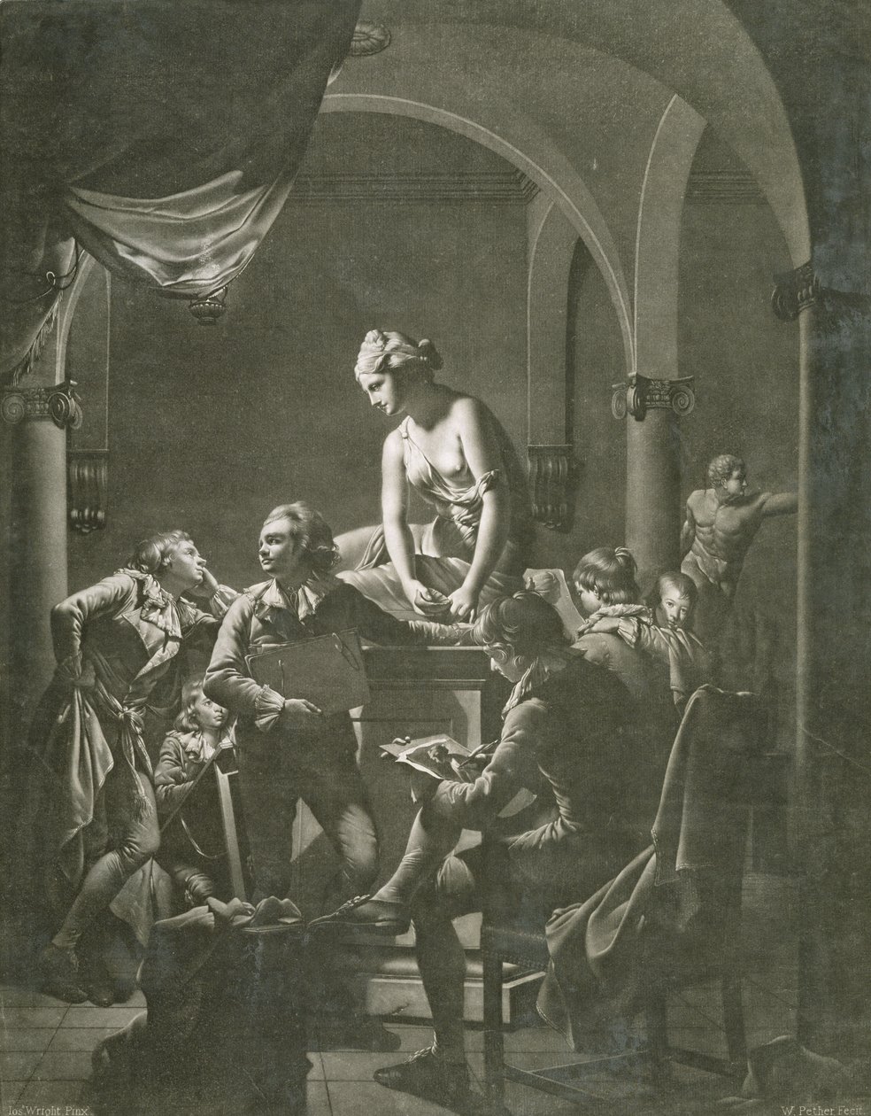 ड्राइंग अकादमी, विलियम पीथर (c.1738-1821) c.1772 (mezzotint) द्वारा उत्कीर्ण द्वारा डर्बी के जोसेफ राइट