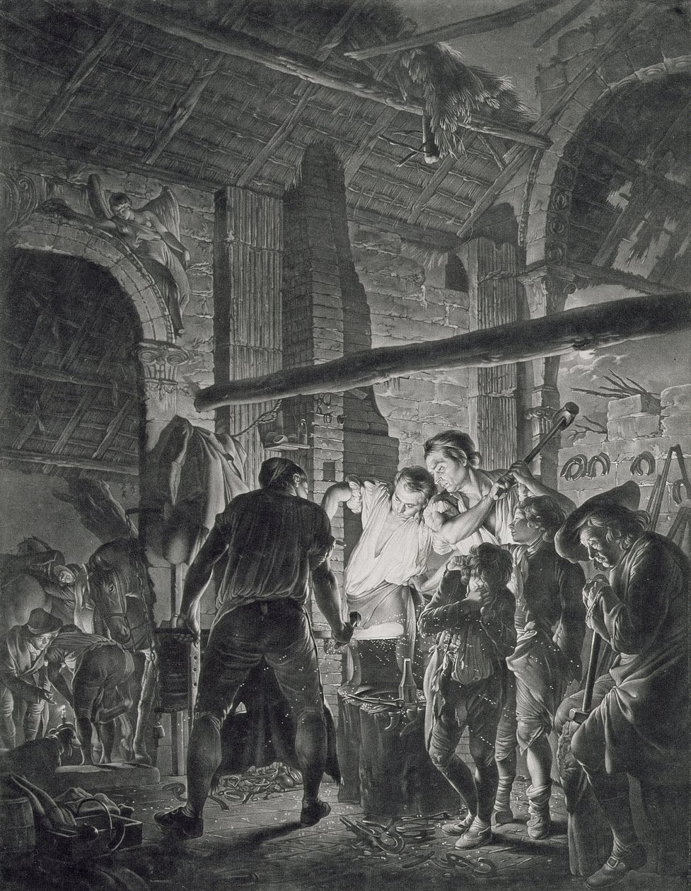 लोहार की दुकान, रिचर्ड इरलोम (1743-1822), 1771 (मेजोटिन्ट) द्वारा उत्कीर्ण द्वारा डर्बी के जोसेफ राइट