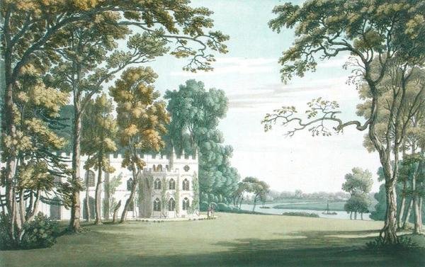 स्ट्राबेरी हिल पर घर, उद्यान और झील, जेसी स्टैडलर (fl.1780-1812) द्वारा उकेरी गई, 1793 में प्रकाशित (रंगीन उत्कीर्णन) द्वारा जोसेफ (बाद में) फरिंगटन