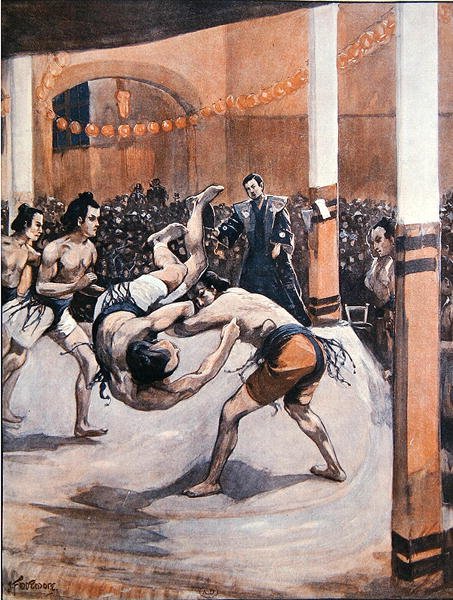 पारंपरिक जापानी कुश्ती: 1910 में लंदन में जापानी प्रदर्शनी में सूमो पहलवान अपनी कला का प्रदर्शन करते हुए (कलर लिथो) द्वारा जोसेफ (बाद में) फिनमोर