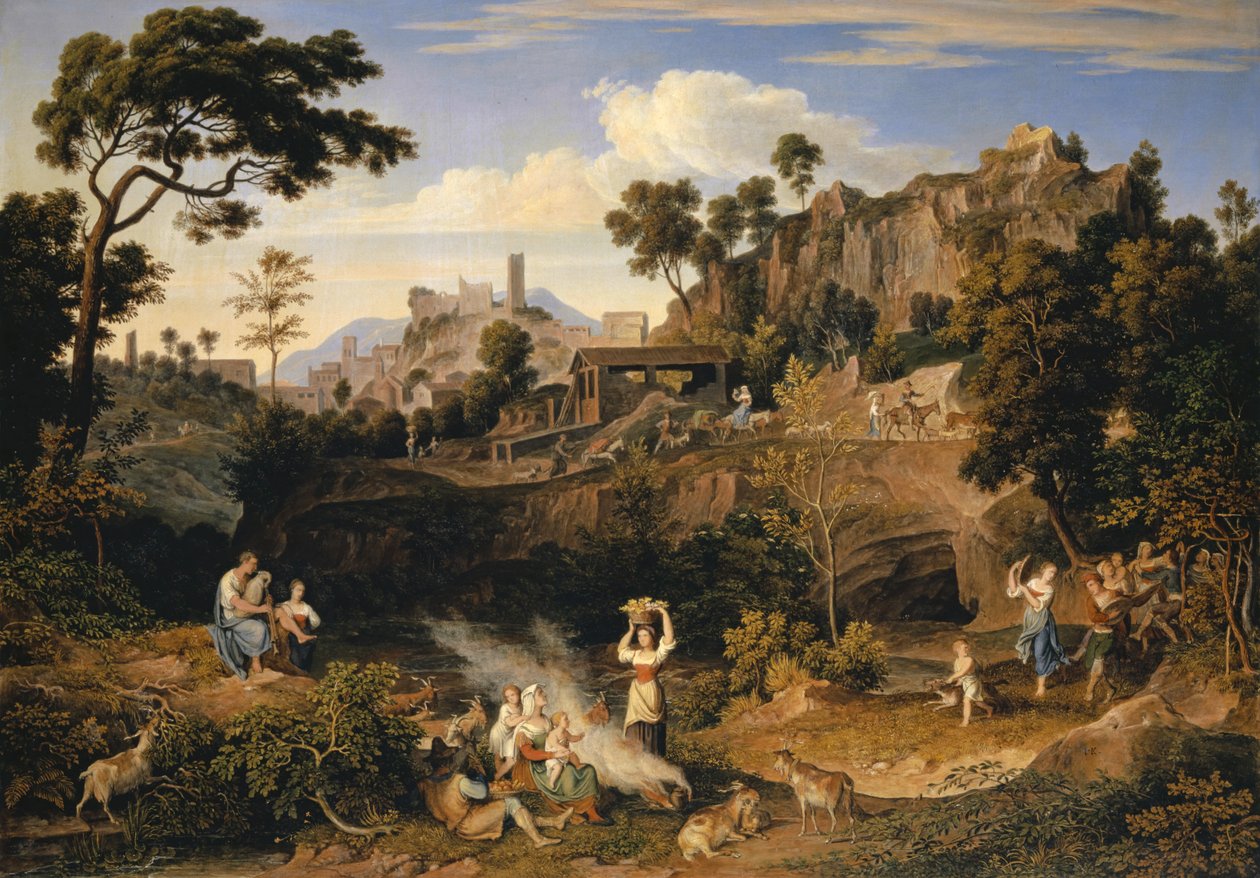 1823-24 डांसिंग किसानों की परेड के साथ ओलेवानो के पास लैंडस्केप द्वारा जोसेफ एंटोन कोच