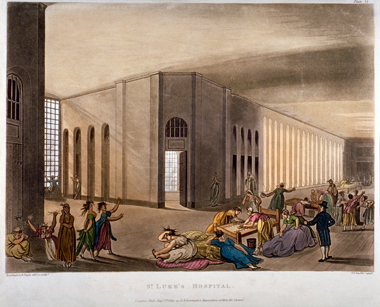 सेंट ल्यूक अस्पताल, ओल्ड स्ट्रीट, फिन्सबरी, लंदन, 1809 का आंतरिक दृश्य द्वारा जोसेफ कॉन्स्टेंटाइन स्टैडलर
