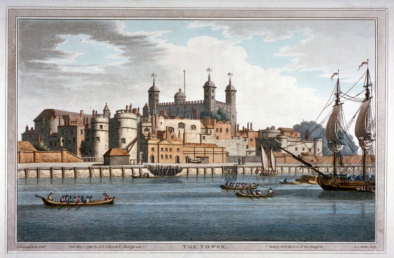 1795 में टेम्स नदी पर नावों के साथ टॉवर ऑफ़ लंदन का दक्षिण दृश्य द्वारा जोसेफ कॉन्स्टेंटाइन स्टैडलर
