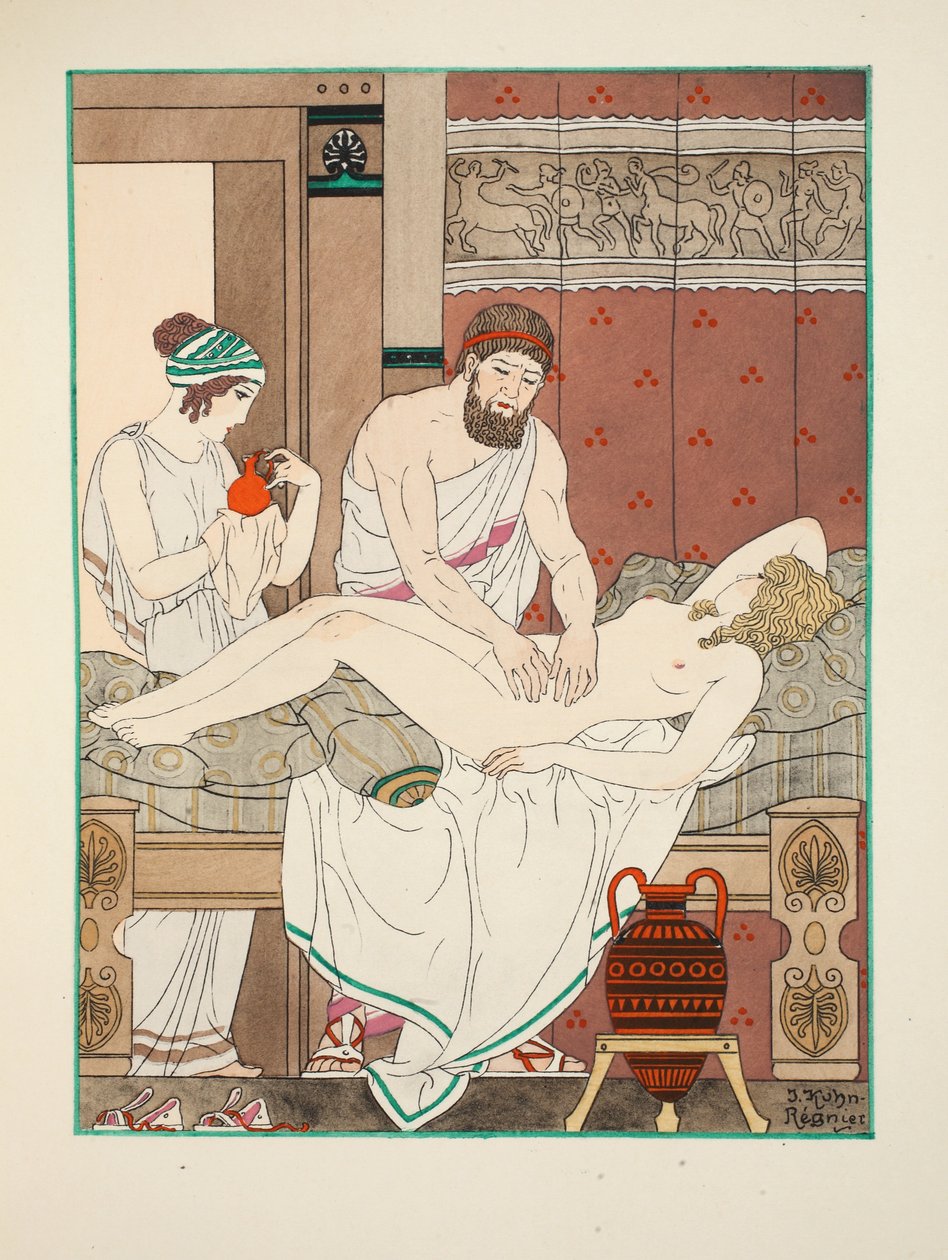 चिकित्सा मालिश, &39;हिप्पोक्रेट्स के काम&39; से चित्रण, 1934 द्वारा जोसेफ कुह्न रेग्नियर