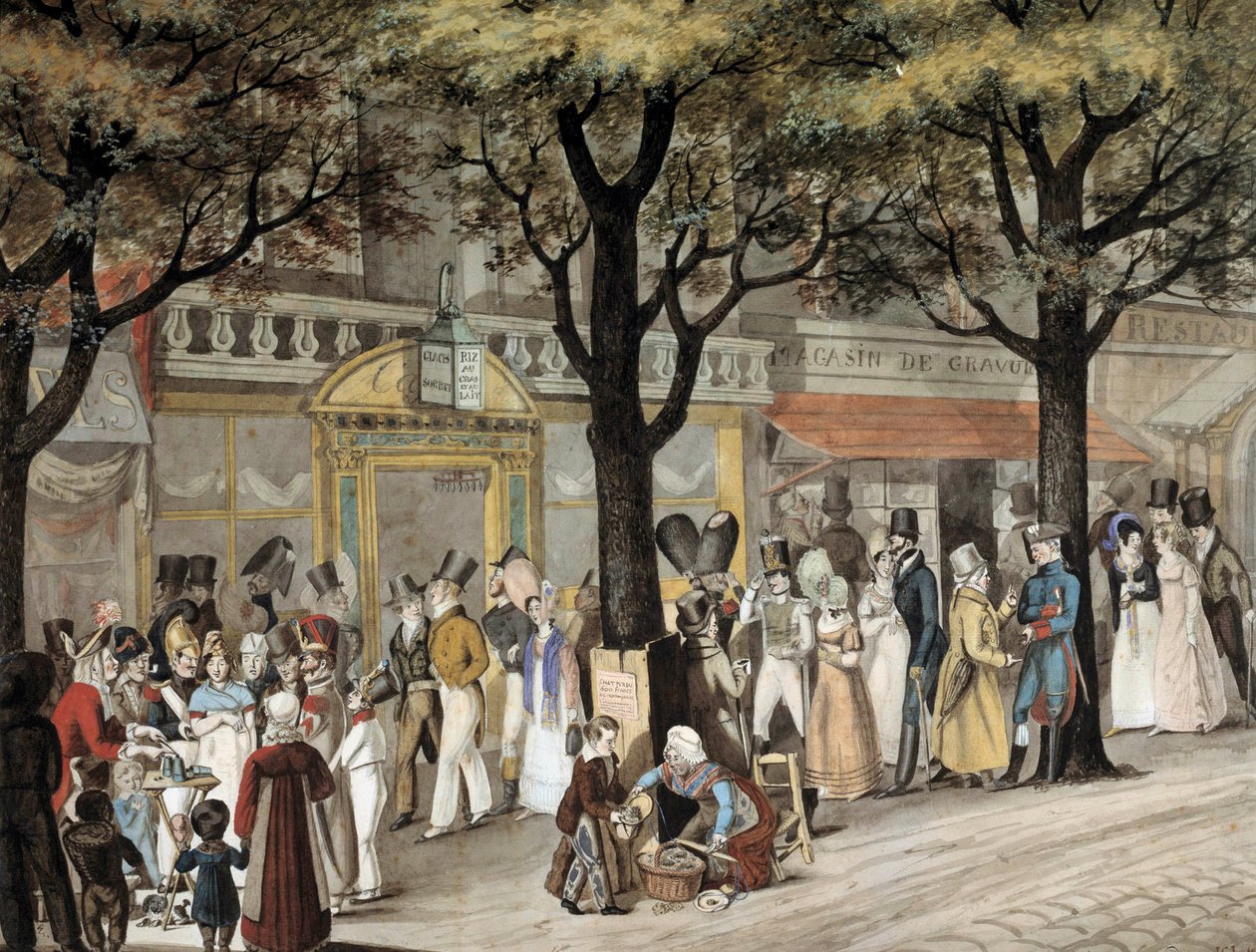 जोसेफ लुई बेलंगे (1800-1866) 1819 पेरिस, मुसी कार्नावलेट द्वारा 1819 वॉटरकलर में पेरिस में एक बुलेवार्ड पर चलें द्वारा जोसेफ लुइस हिप्पोलीटे बेलांगे