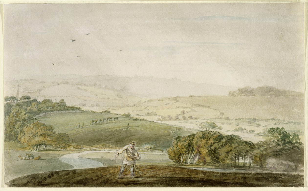 नदी की घाटी और रोलिंग पहाड़ियों के साथ एक किसान बुवाई, c.1795 द्वारा जोसेफ मैलॉर्ड विलियम टर्नर