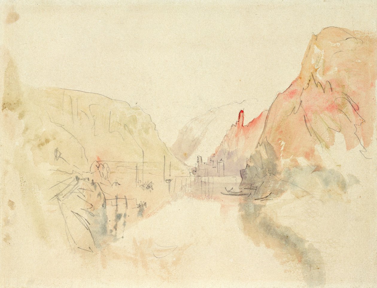मोसेले पर ट्राबेन-ट्रार्बक का महल, c.1844 (कागज पर पेंसिल और पानी का रंग) द्वारा जोसेफ मैलॉर्ड विलियम टर्नर