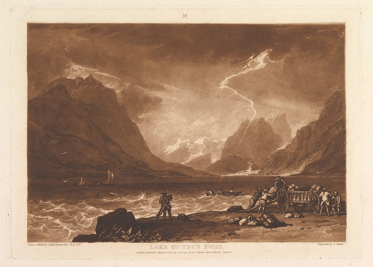 थून झील, स्विस लिबर स्टडियोरम, भाग III, प्लेट 15, 10 जून, 1808। द्वारा जोसेफ मैलॉर्ड विलियम टर्नर