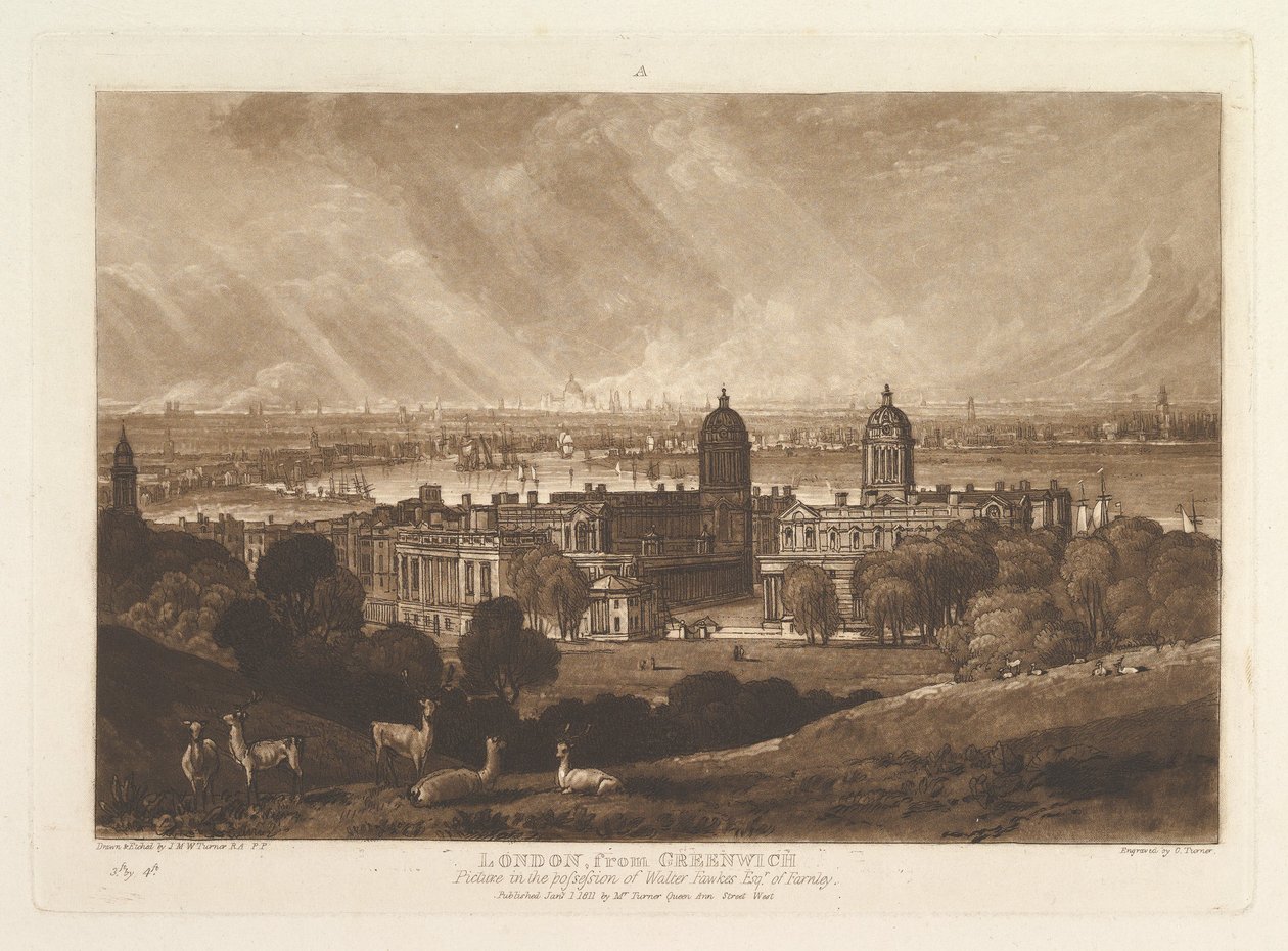 ग्रीनविच लिबर स्टडियोरम से लंदन, भाग V, प्लेट 26, 1 जनवरी, 1811। द्वारा जोसेफ मैलॉर्ड विलियम टर्नर