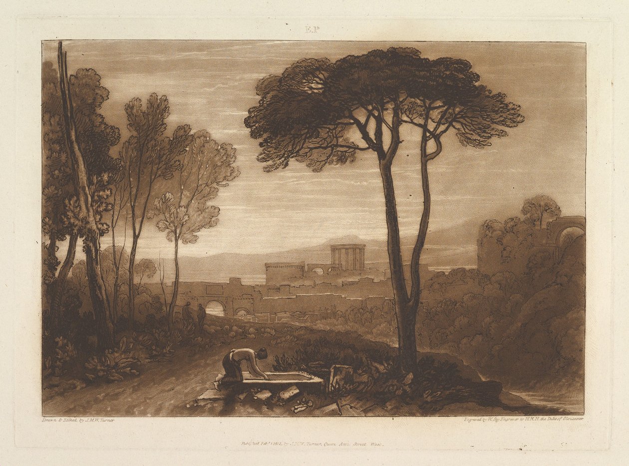 कैम्पगना लिबर स्टडियोरम में दृश्य, भाग VIII, प्लेट 38, 1 फरवरी, 1812। द्वारा जोसेफ मैलॉर्ड विलियम टर्नर