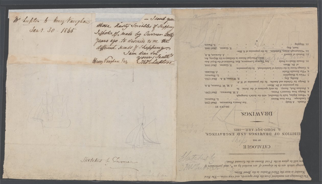 कैटलॉग पेज पर दो जहाजों का स्केच, c.1823 द्वारा जोसेफ मैलॉर्ड विलियम टर्नर
